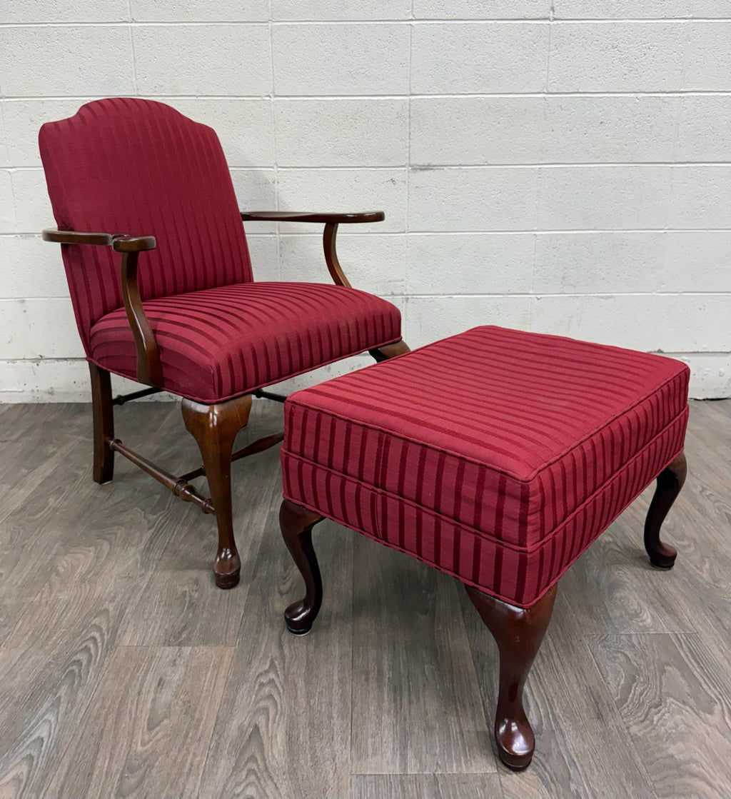 Vintage 1995 Ethan Allen Queen Anne Wingback Lounge Chair with Ottoman