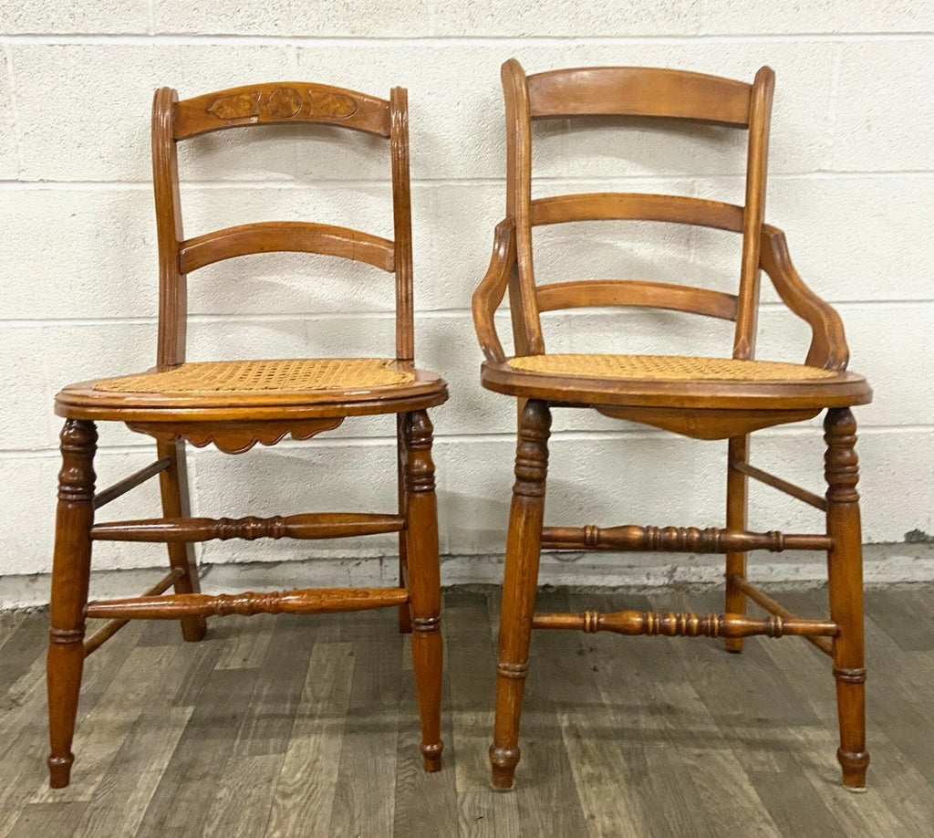 Antique Victorian Eastlake Style Ladderback Cane Dining Occasional Chairs - Pair