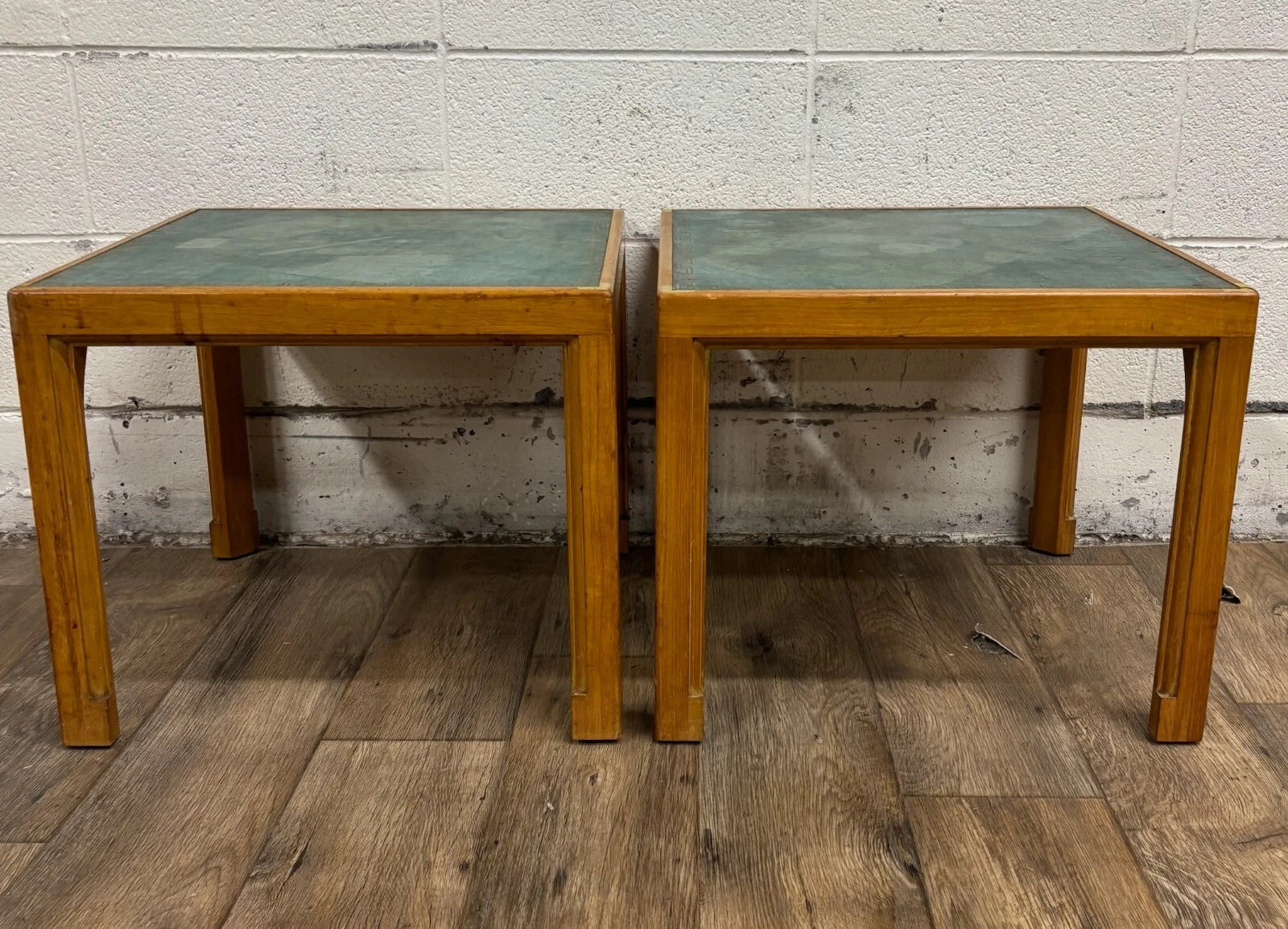 Vintage Tommi Parzinger for Charak Green Leather Top End Tables Side Tables
