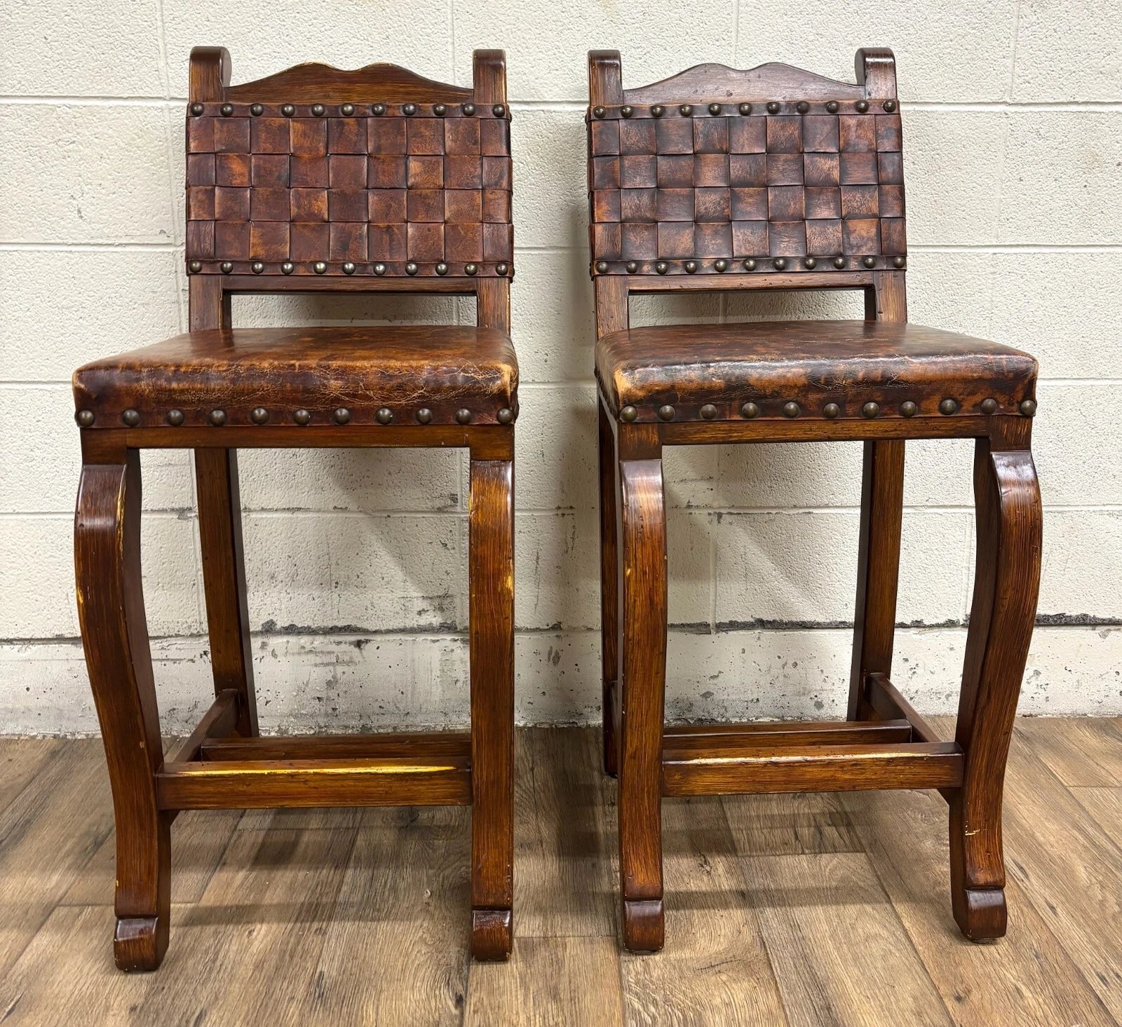 Western Rustic Spanish Colonial Leather and Nailhead Barstools - Pair