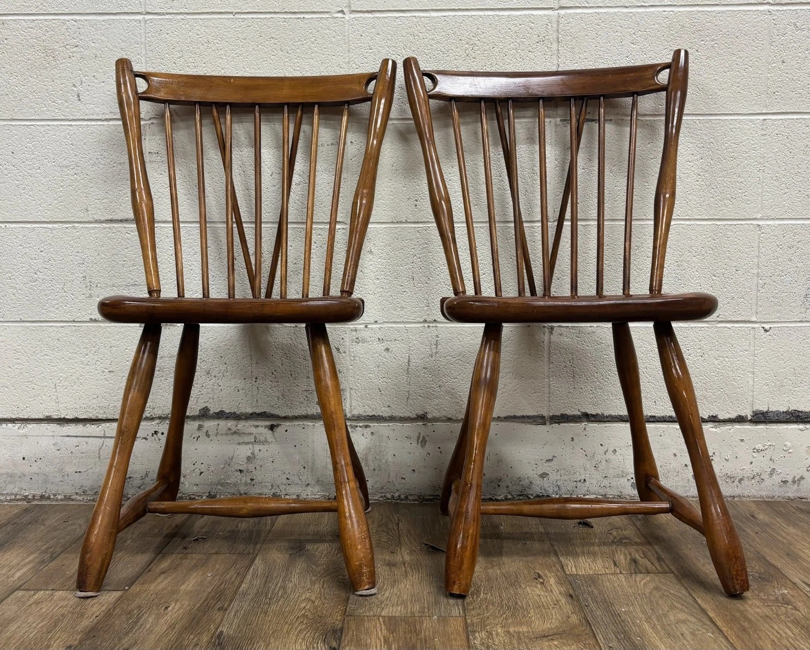 Antique Early American Style Solid Maple Spindle Back Dining Chairs - Pair