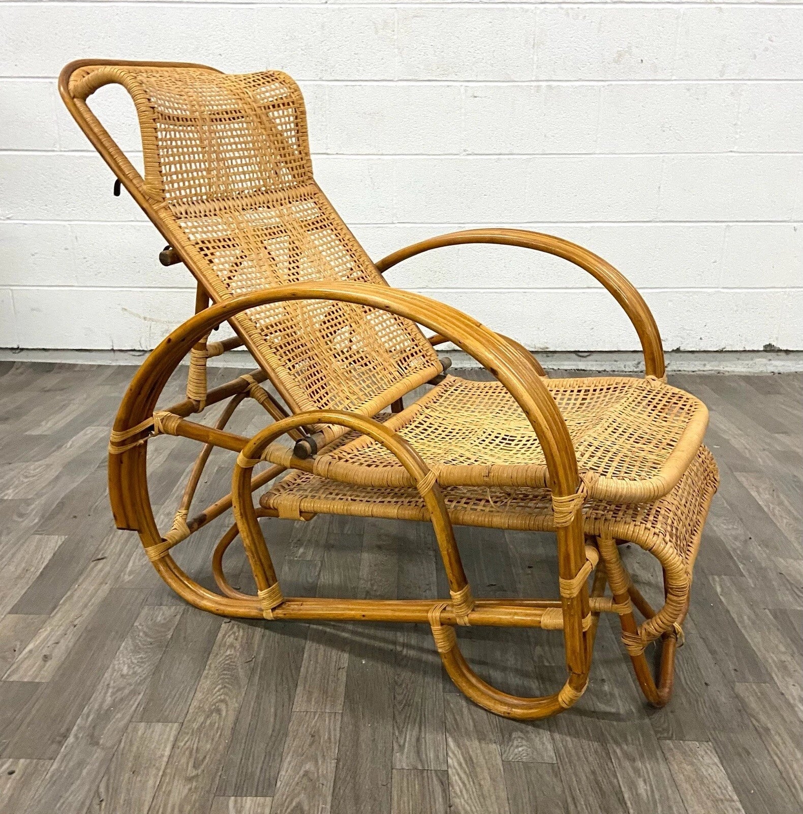 Vintage Boho Bentwood Adjustable Reclining Rattan Cane Chaise Lounge Chair