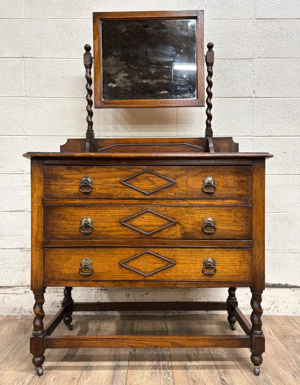 Antique Barley Twist Tiger Oak Dresser with Swivel Mirror