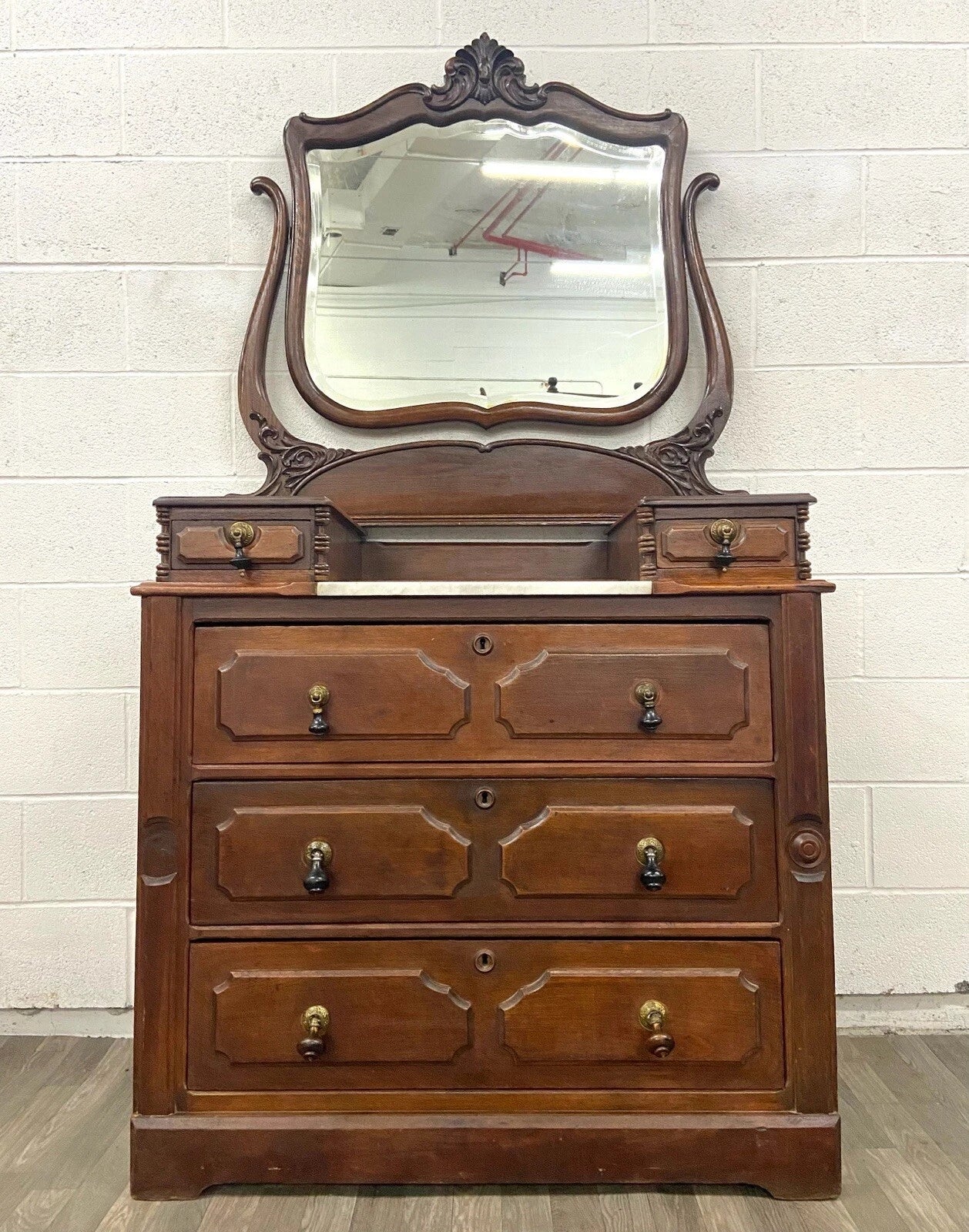Antique Victorian Walnut and Marble Five Drawer Dresser With Mirror