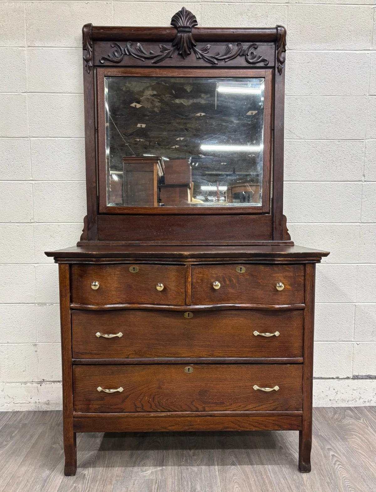 Antique Late Victorian Edwardian Serpentine Oak Dresser with Removable Mirror