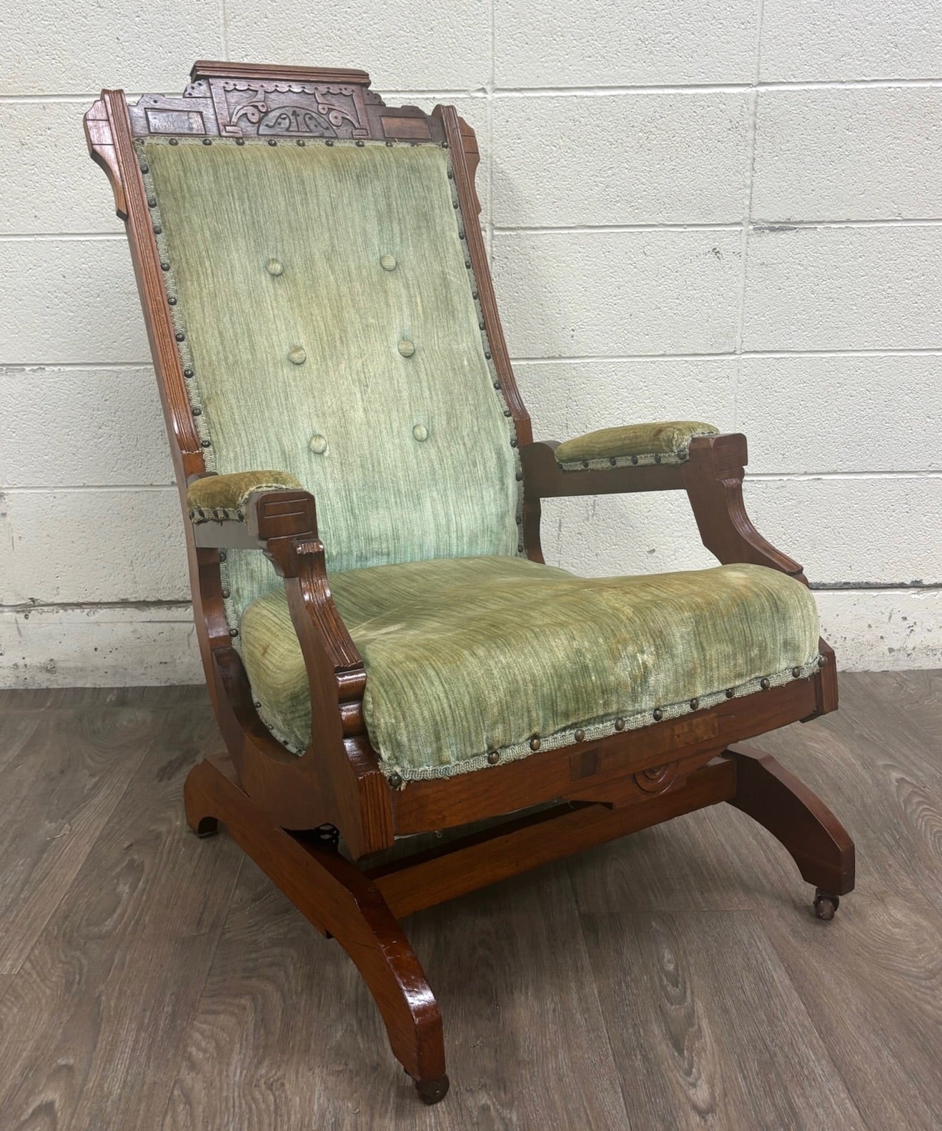Antique Victorian Eastlake Carved Walnut Coil Spring Platform Rocking Chair