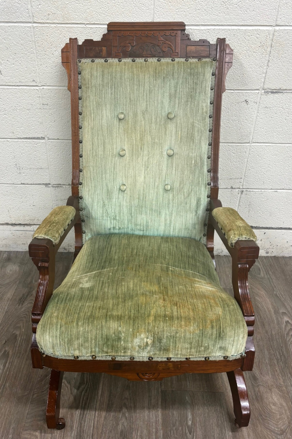 Antique Victorian Eastlake Carved Walnut Coil Spring Platform Rocking Chair