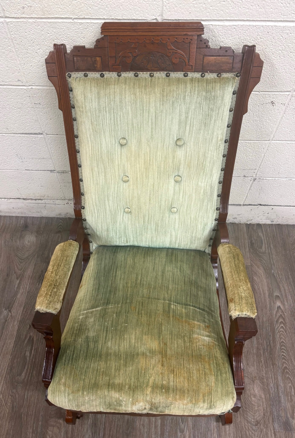 Antique Victorian Eastlake Carved Walnut Coil Spring Platform Rocking Chair