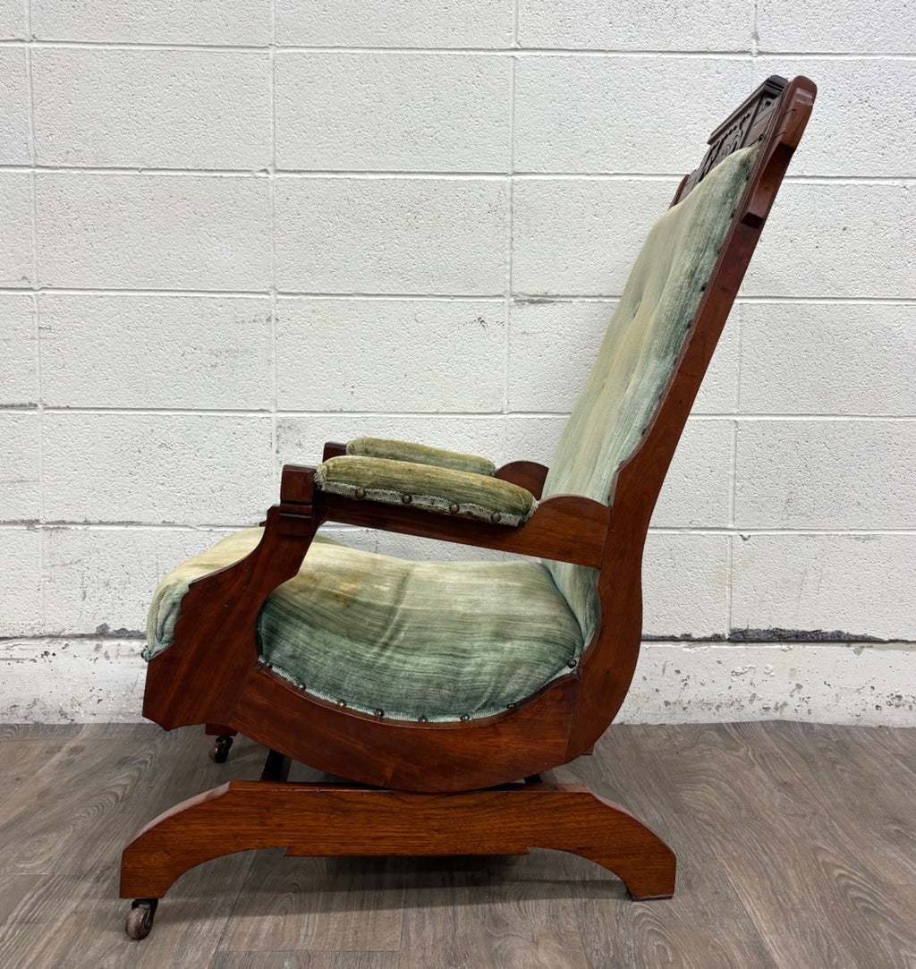 Antique Victorian Eastlake Carved Walnut Coil Spring Platform Rocking Chair