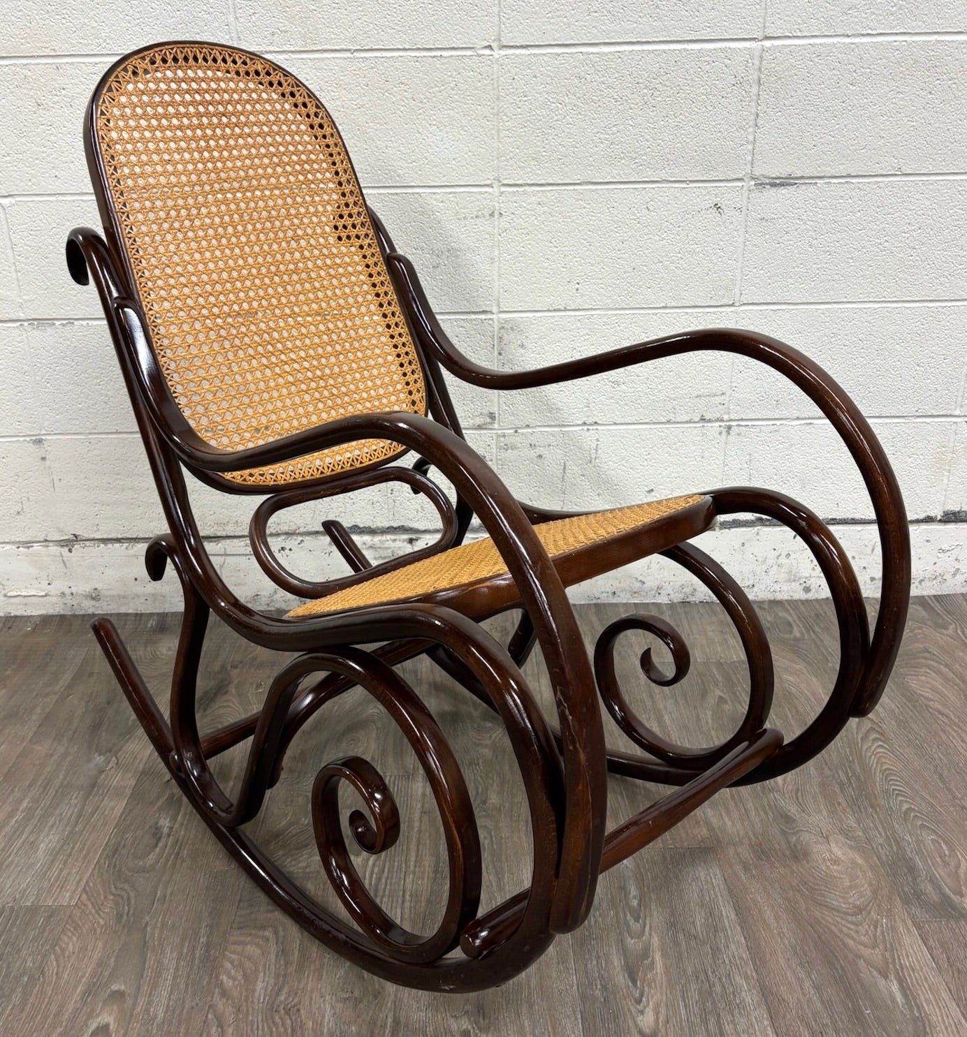 Vintage Thonet Style Bentwood Beechwood Cane Seat Cane Back Rocking Chair