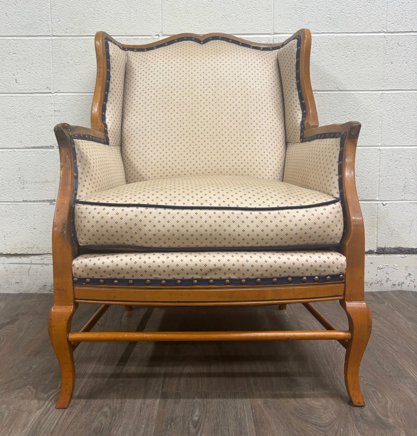 Vintage Country French Fruitwood Upholstered Wingback Chair