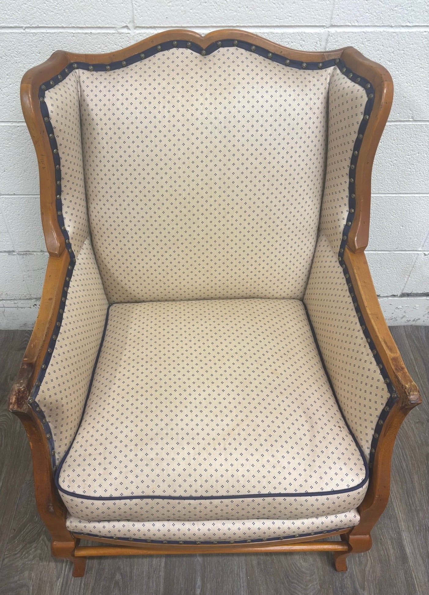 Vintage Country French Fruitwood Upholstered Wingback Chair