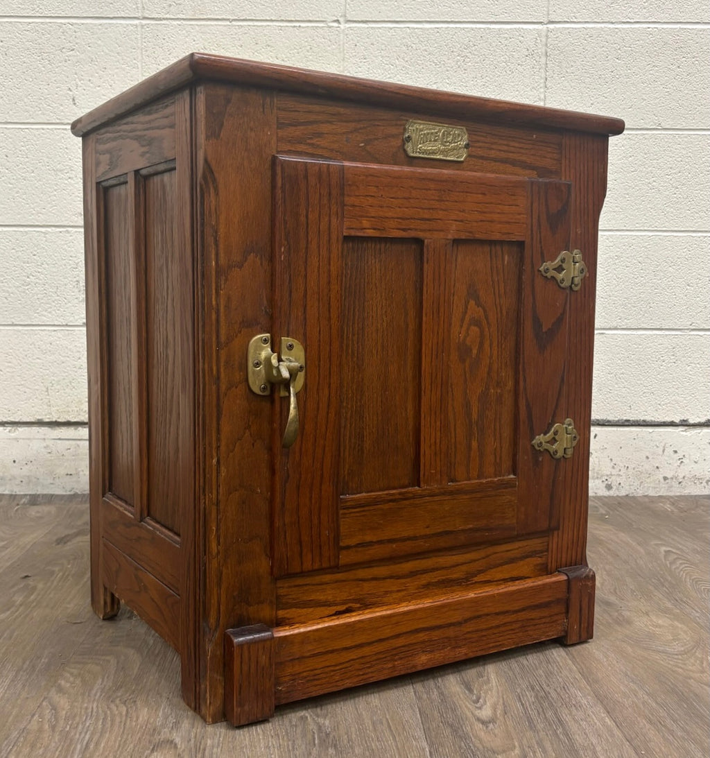 Vintage White Clad American Country Oak Icebox Cabinet Side Table Nightstand