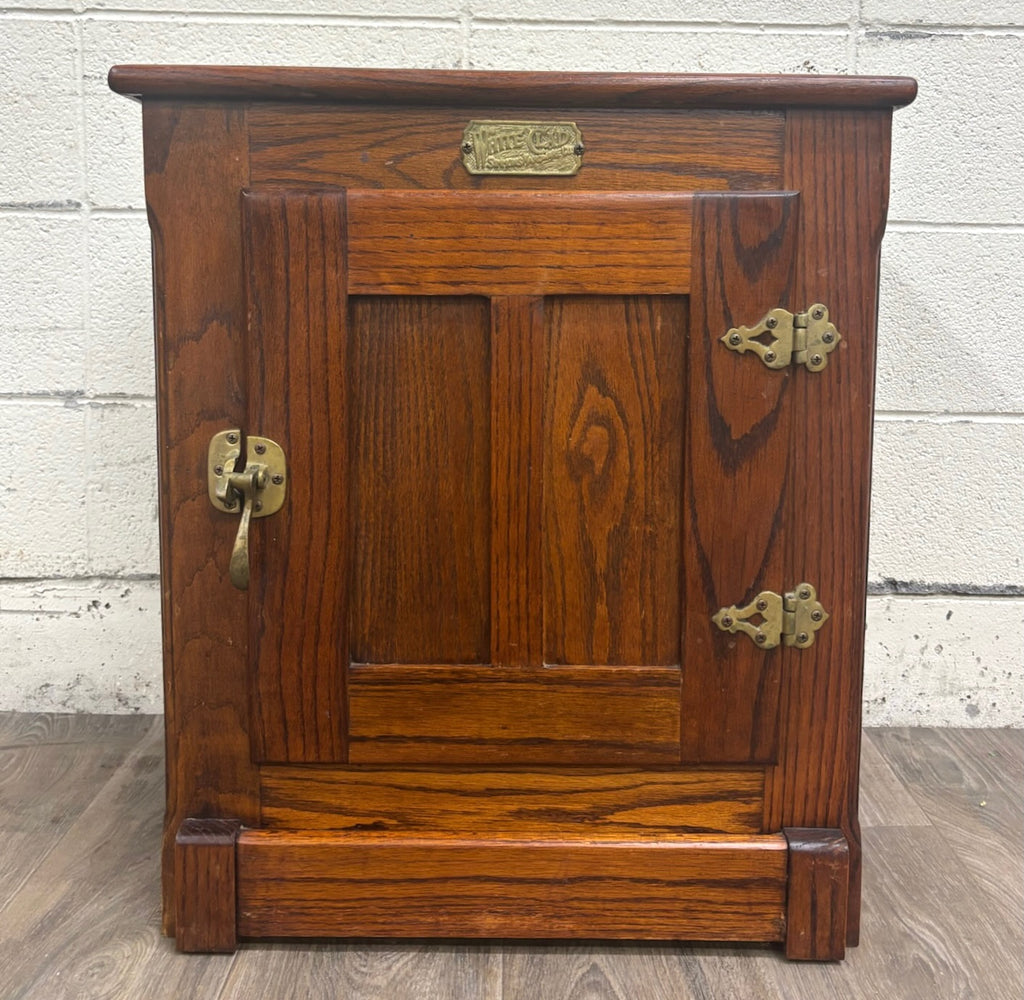 Vintage White Clad American Country Oak Icebox Cabinet Side Table Nightstand