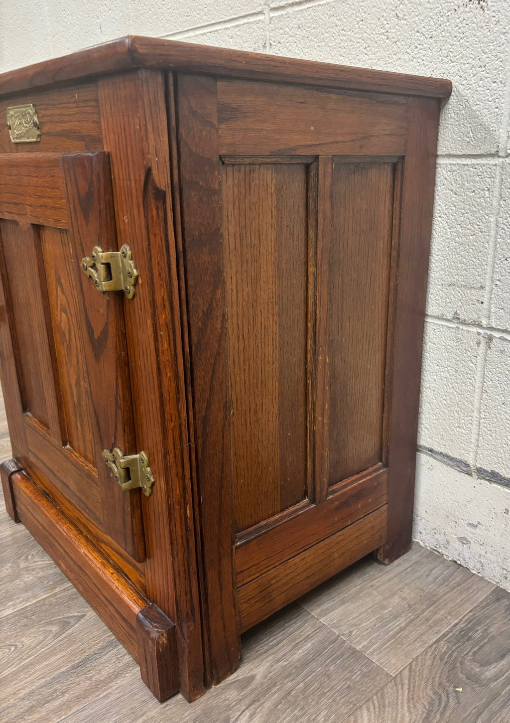 Vintage White Clad American Country Oak Icebox Cabinet Side Table Nightstand