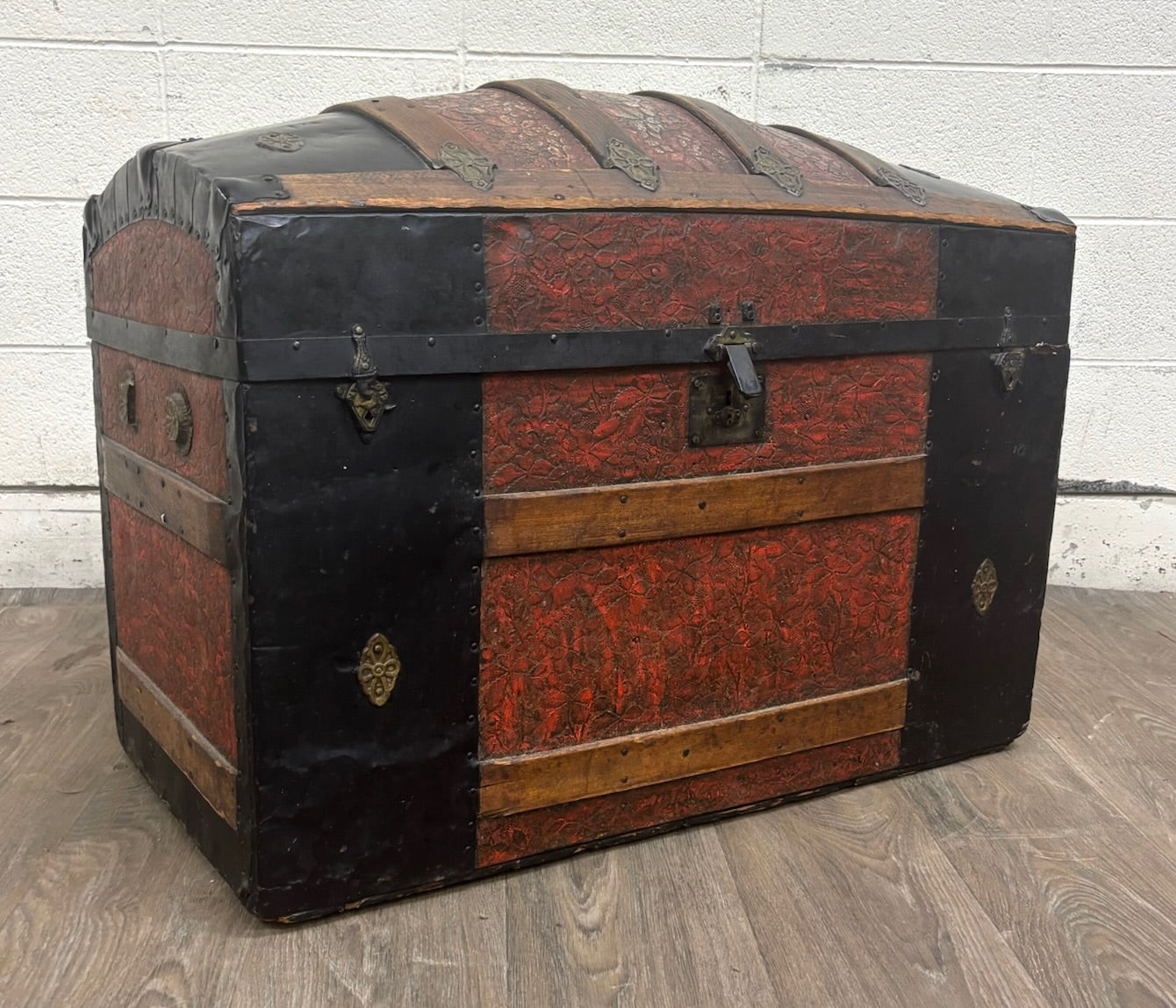 Antique Victorian Dome Top Embossed Immigrant Trunk Steamer Trunk