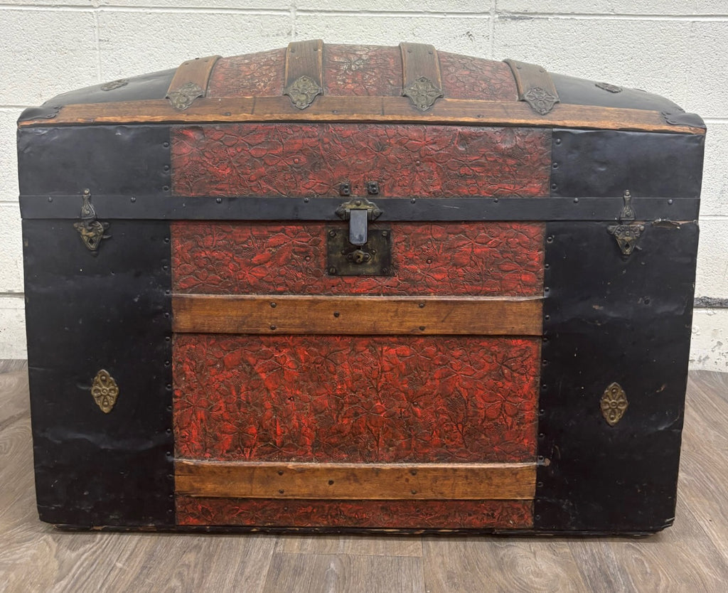 Antique Victorian Dome Top Embossed Immigrant Trunk Steamer Trunk