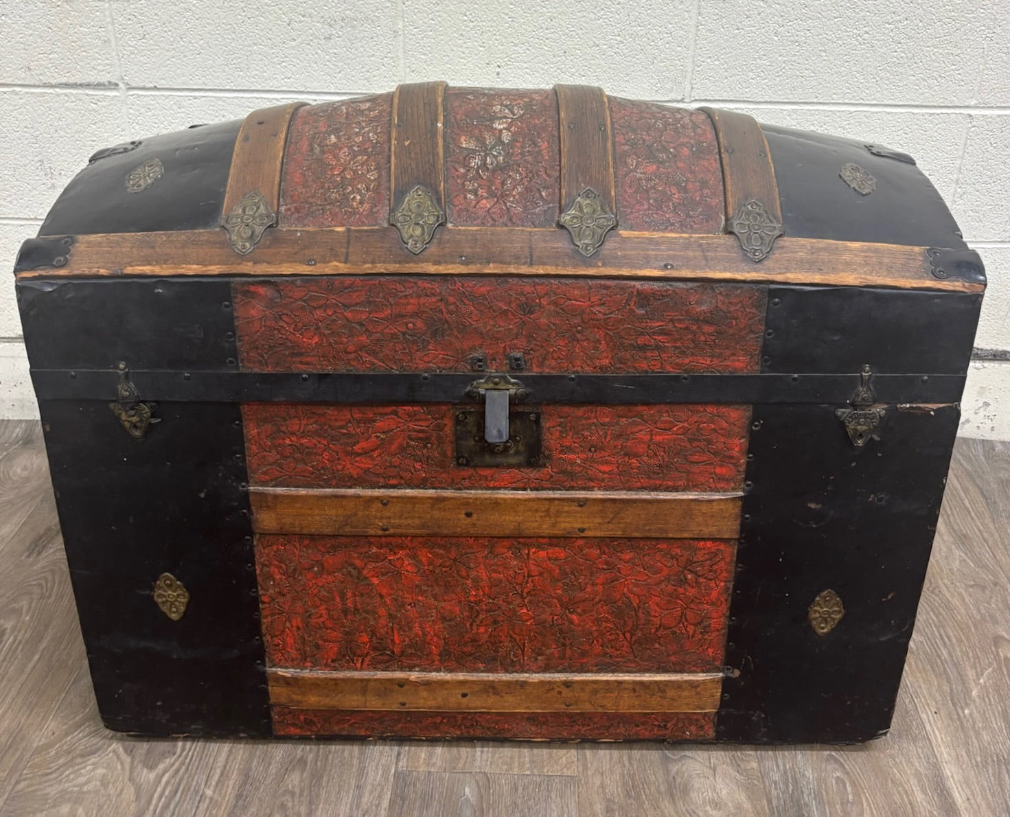 Antique Victorian Dome Top Embossed Immigrant Trunk Steamer Trunk