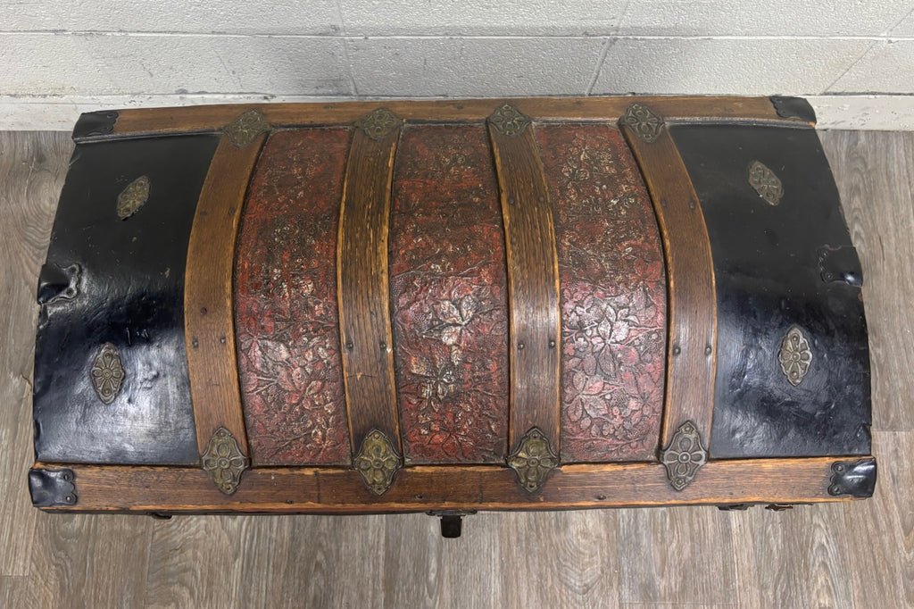 Antique Victorian Dome Top Embossed Immigrant Trunk Steamer Trunk