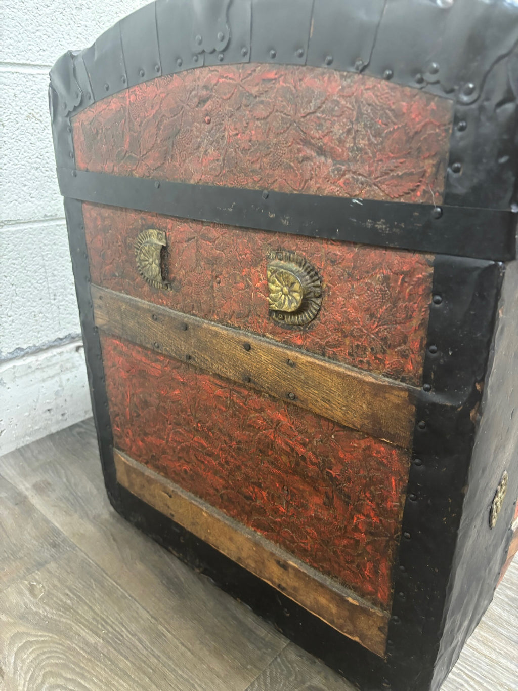 Antique Victorian Dome Top Embossed Immigrant Trunk Steamer Trunk