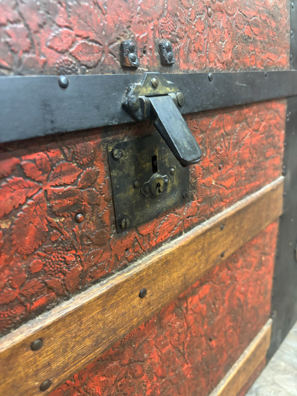 Antique Victorian Dome Top Embossed Immigrant Trunk Steamer Trunk