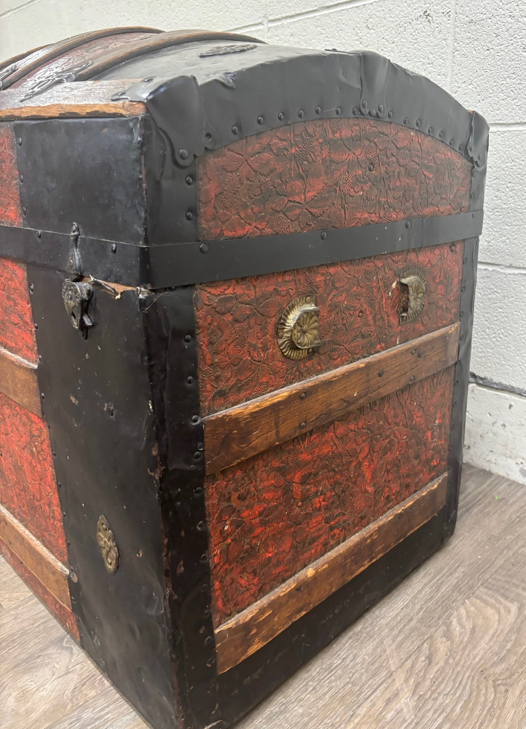 Antique Victorian Dome Top Embossed Immigrant Trunk Steamer Trunk