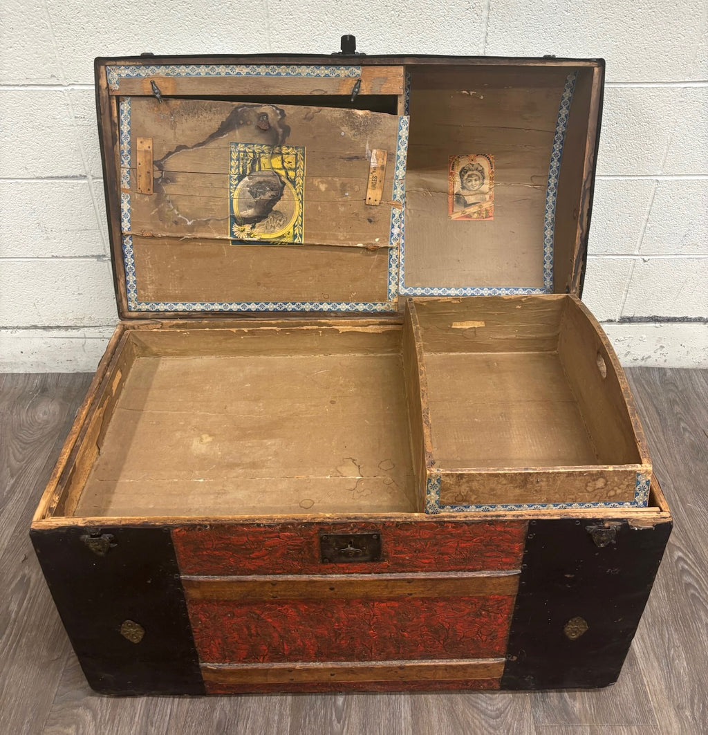 Antique Victorian Dome Top Embossed Immigrant Trunk Steamer Trunk
