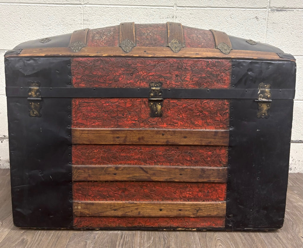 Antique Victorian Dome Top Embossed Immigrant Trunk Steamer Trunk