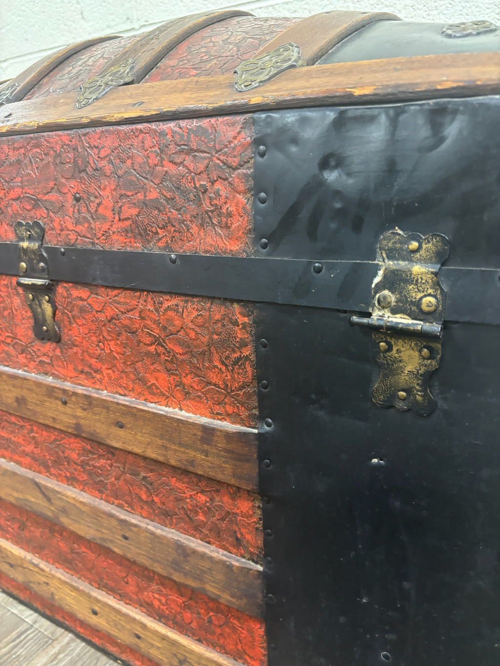 Antique Victorian Dome Top Embossed Immigrant Trunk Steamer Trunk