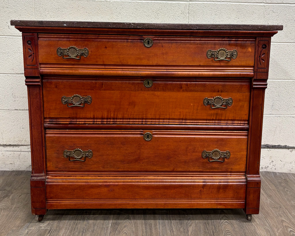 Antique Victorian Eastlake Marble Top Walnut Dresser with Mirror