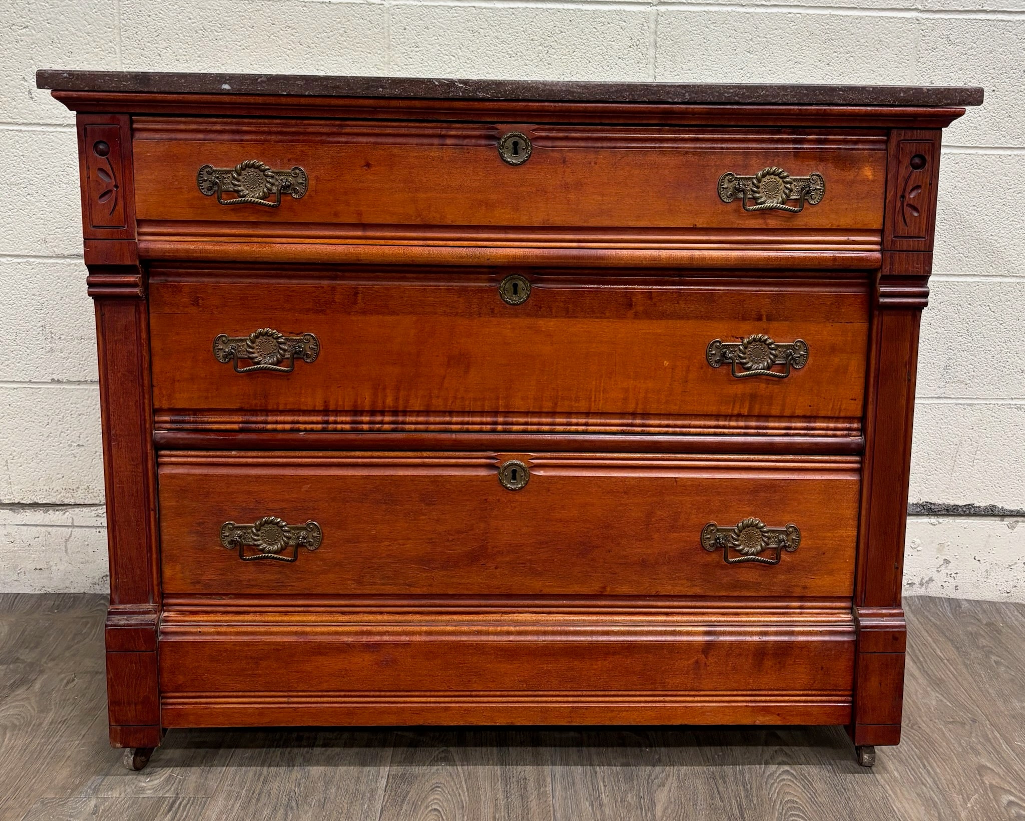 Antique Victorian Eastlake Marble Top Walnut Dresser with Mirror