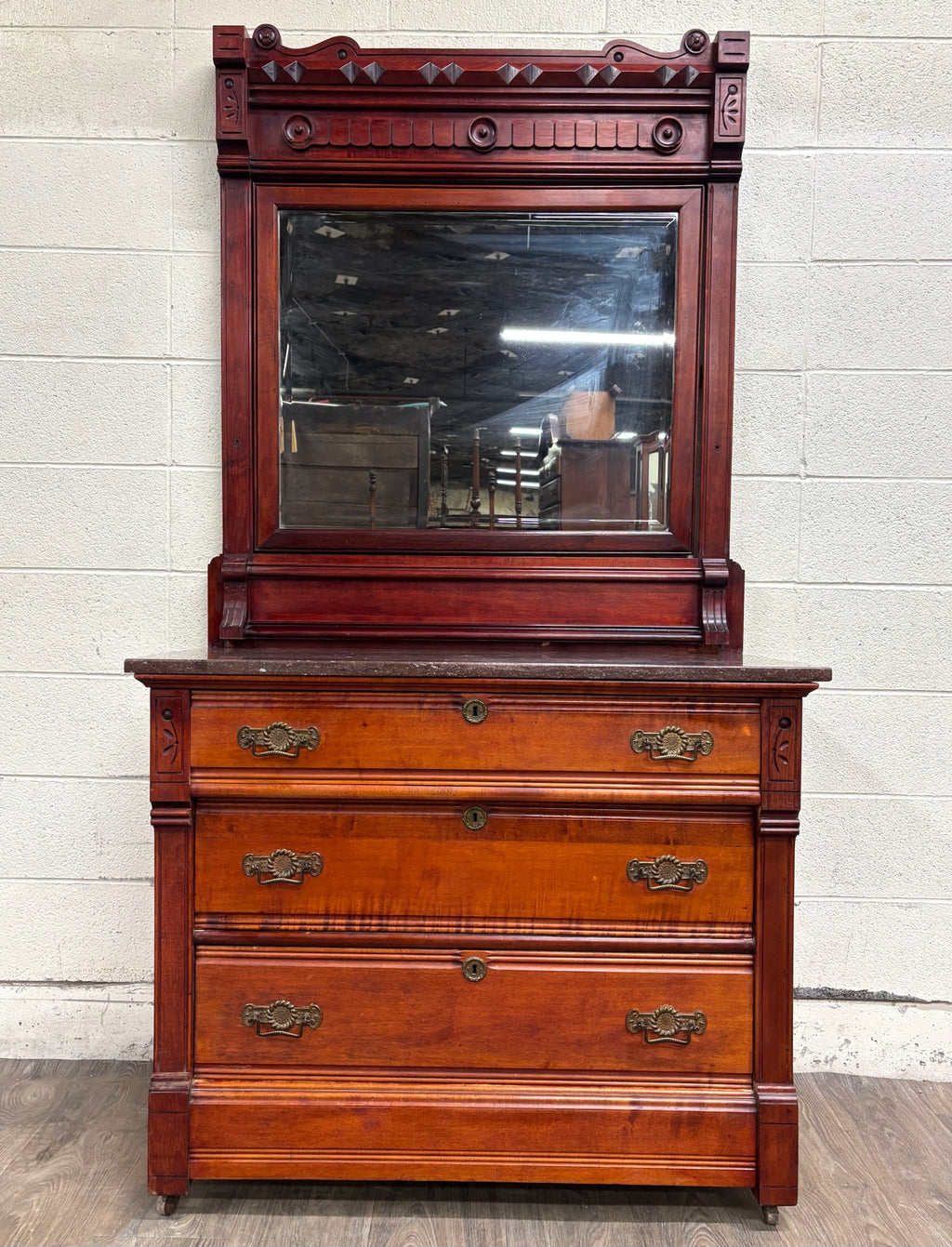 Antique Victorian Eastlake Marble Top Walnut Dresser with Mirror