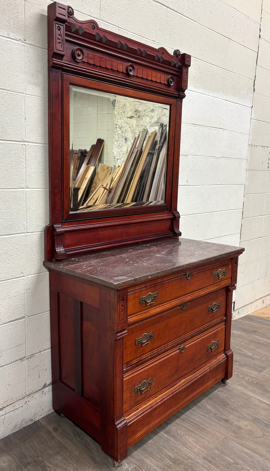 Antique Victorian Eastlake Marble Top Walnut Dresser with Mirror