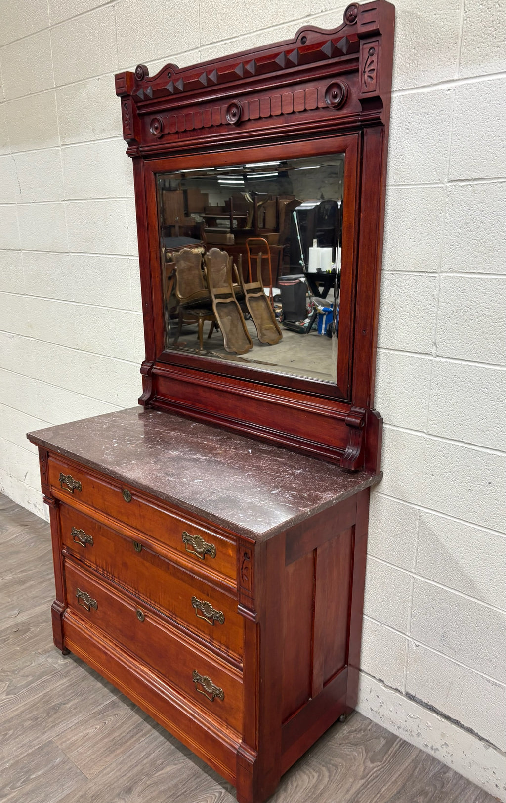 Antique Victorian Eastlake Marble Top Walnut Dresser with Mirror