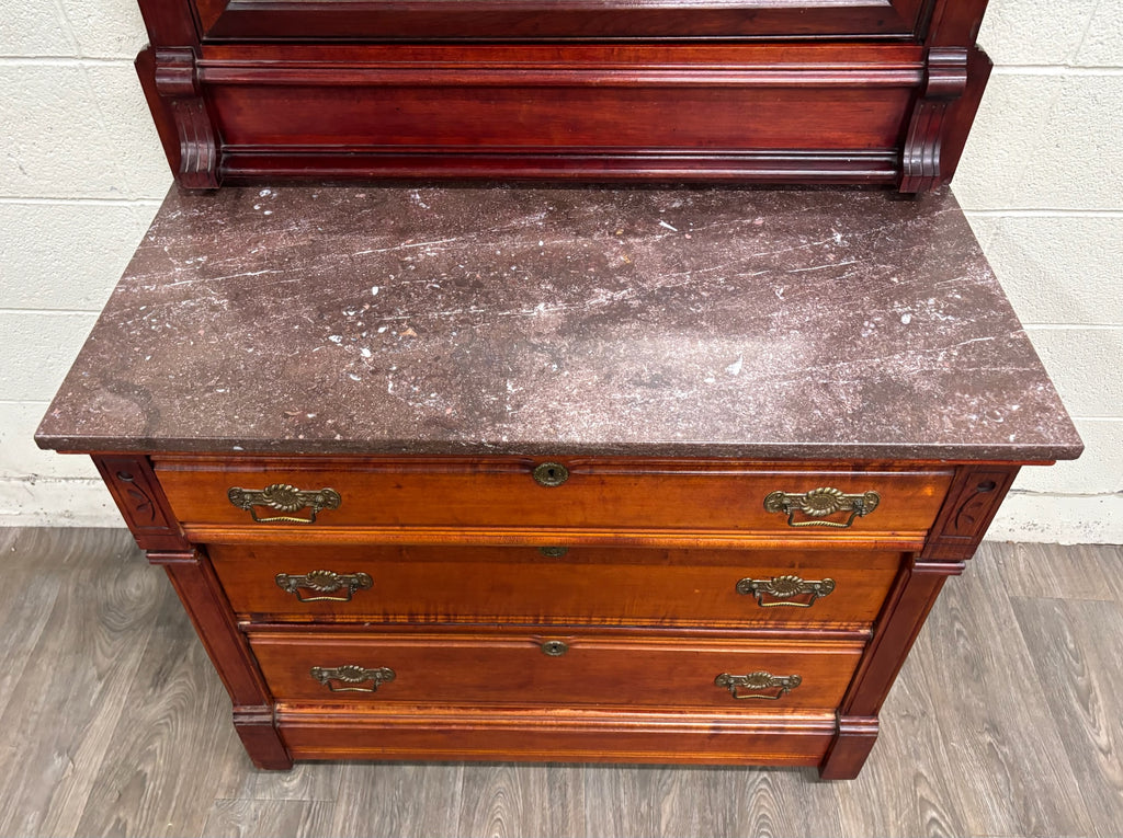 Antique Victorian Eastlake Marble Top Walnut Dresser with Mirror