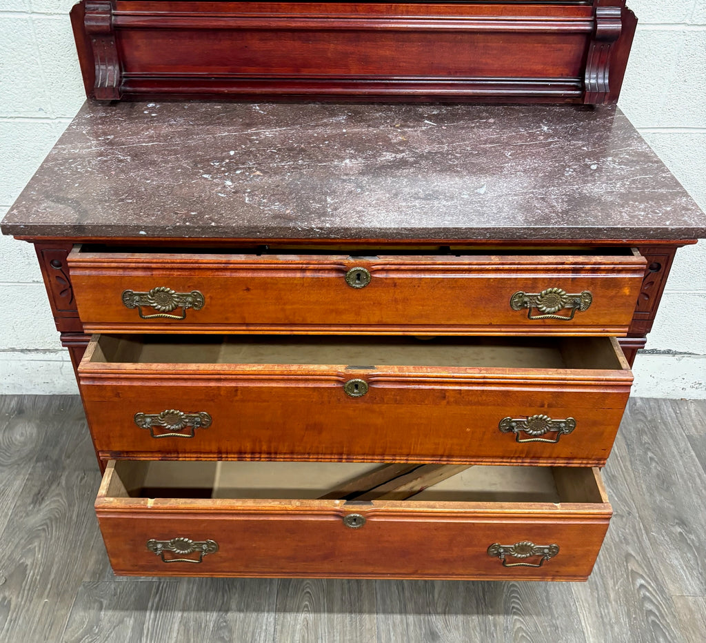 Antique Victorian Eastlake Marble Top Walnut Dresser with Mirror
