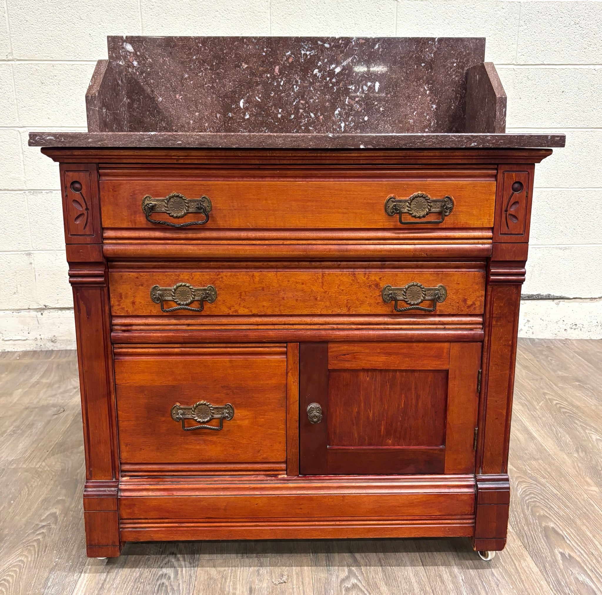 Antique Victorian Eastlake Marble Top Walnut Chest Nightstand Washstand Commode