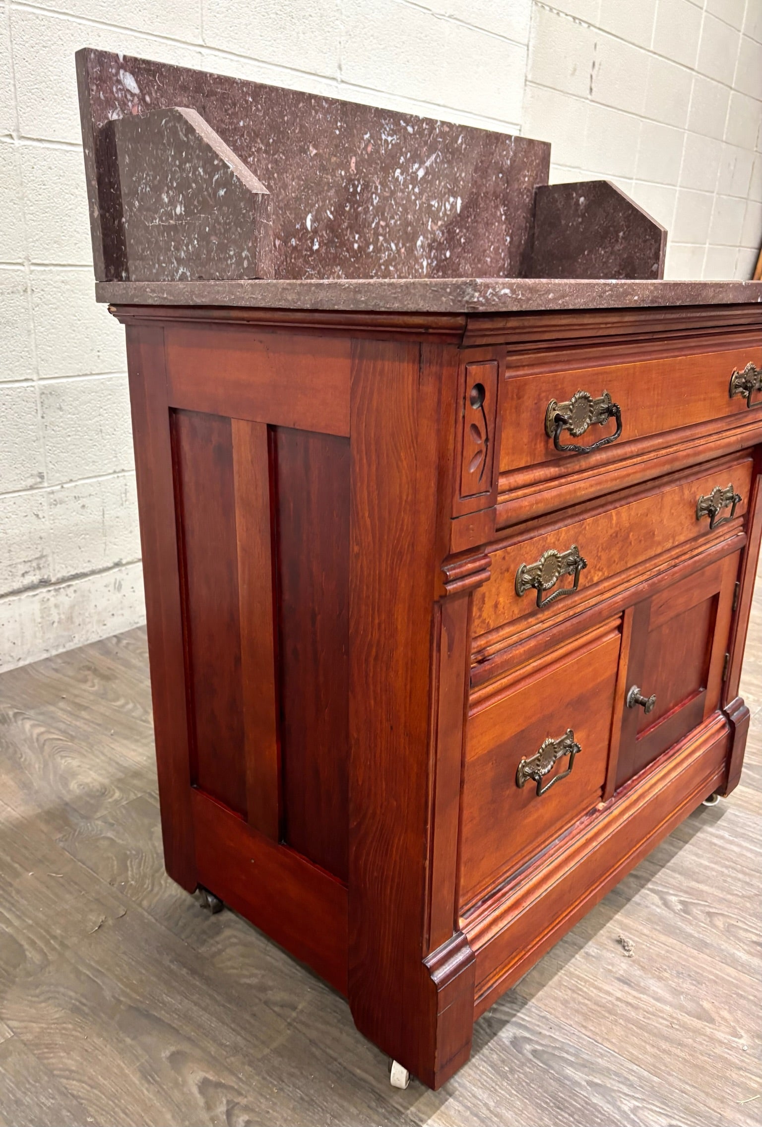 Antique Victorian Eastlake Marble Top Walnut Chest Nightstand Washstand Commode