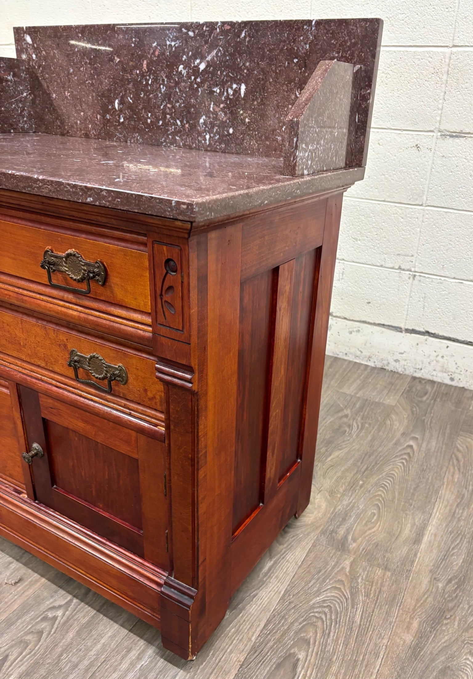Antique Victorian Eastlake Marble Top Walnut Chest Nightstand Washstand Commode