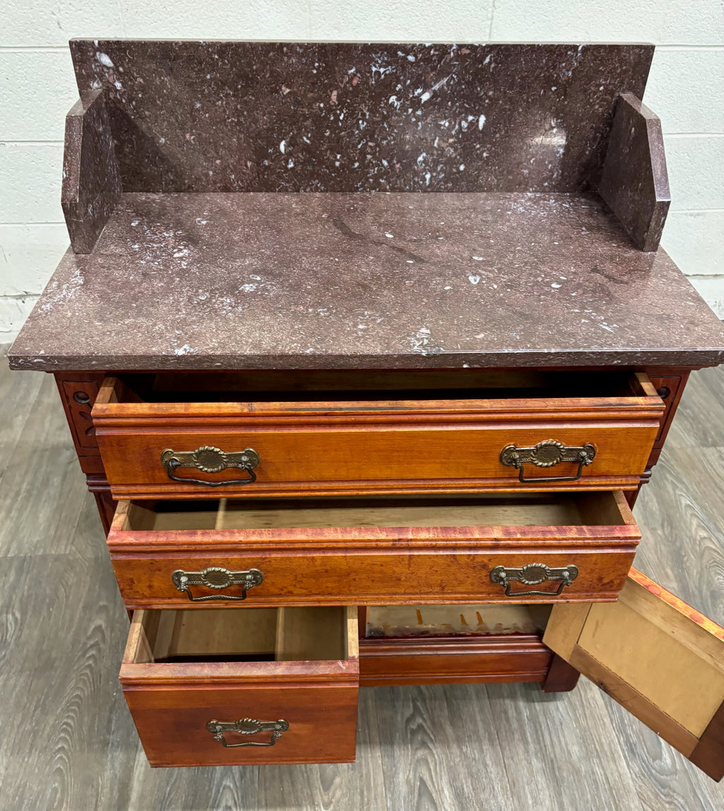 Antique Victorian Eastlake Marble Top Walnut Chest Nightstand Washstand Commode