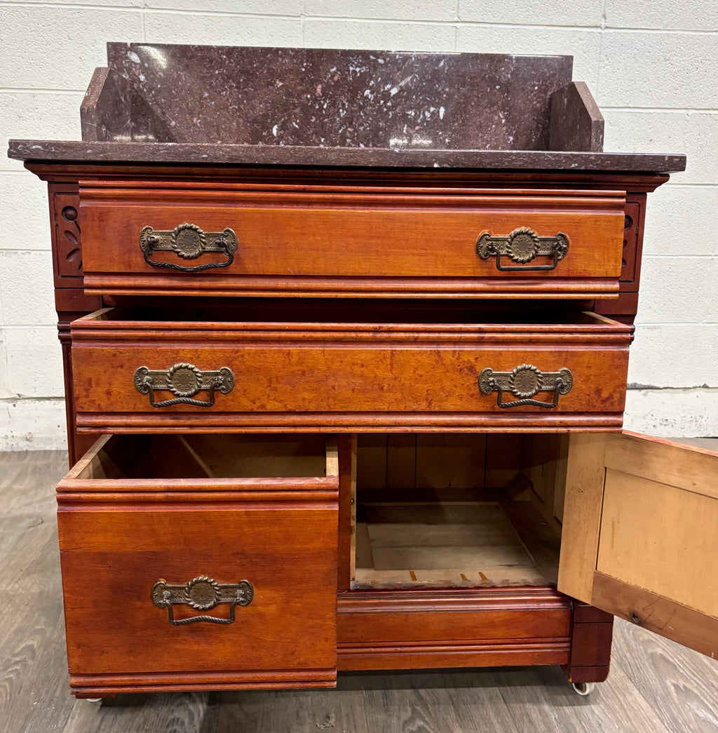 Antique Victorian Eastlake Marble Top Walnut Chest Nightstand Washstand Commode