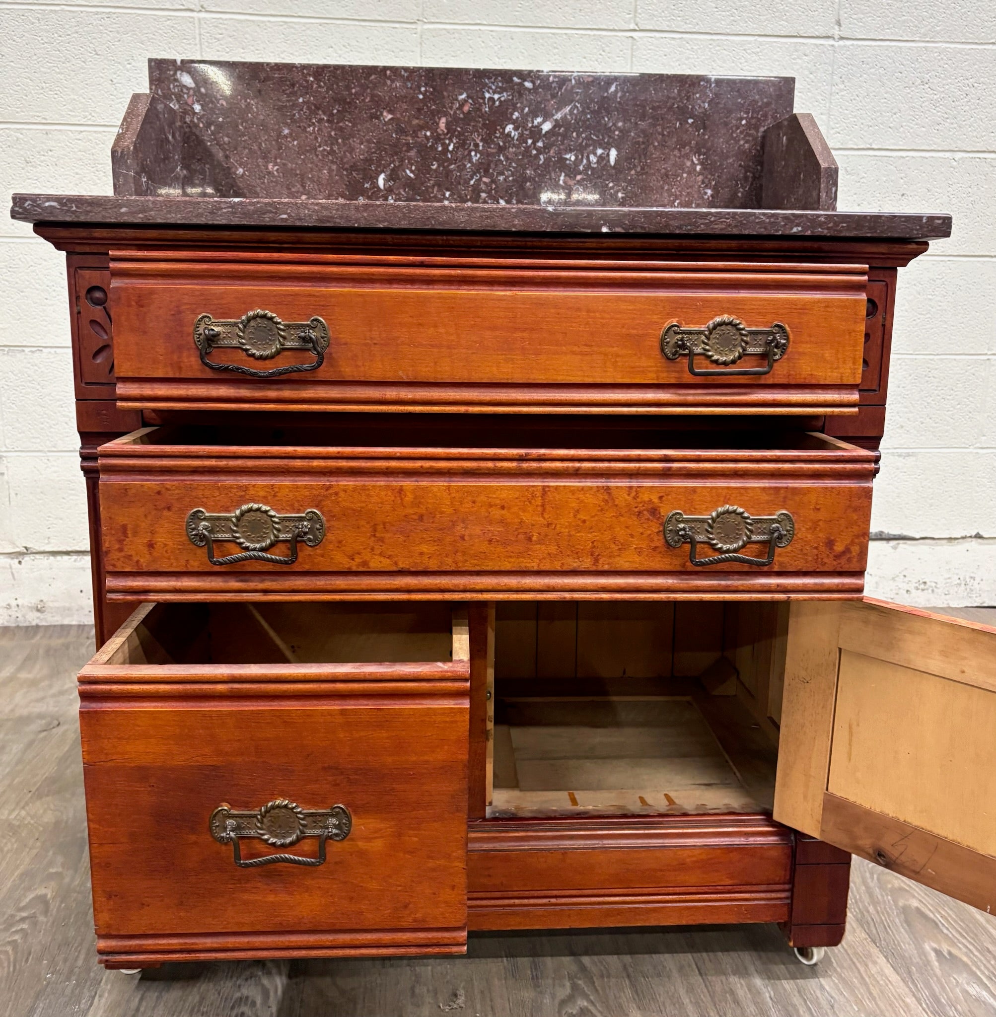 Antique Victorian Eastlake Marble Top Walnut Chest Nightstand Washstand Commode
