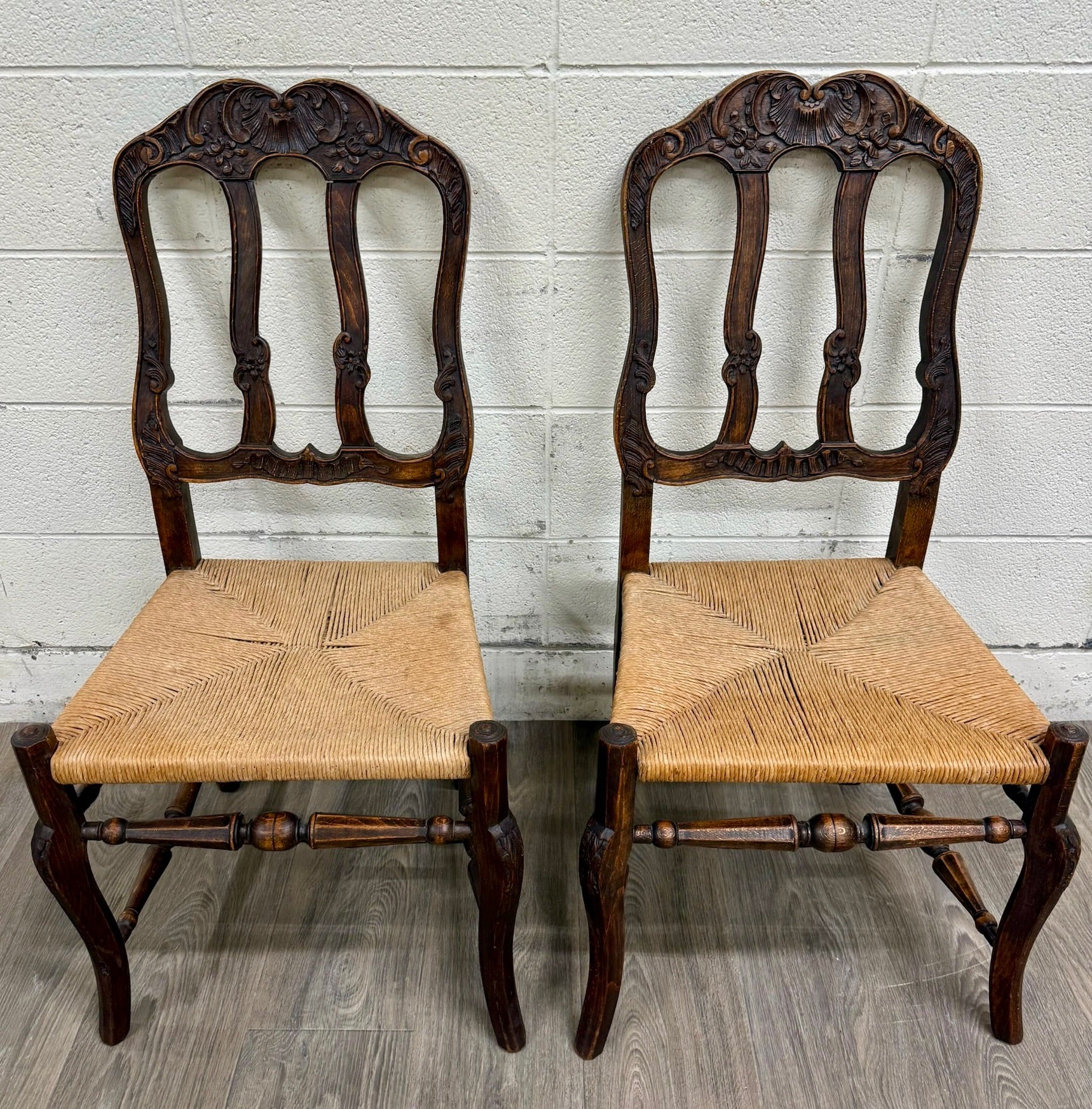 Antique French Provincial Ladder Back Rush Seat Side Chairs