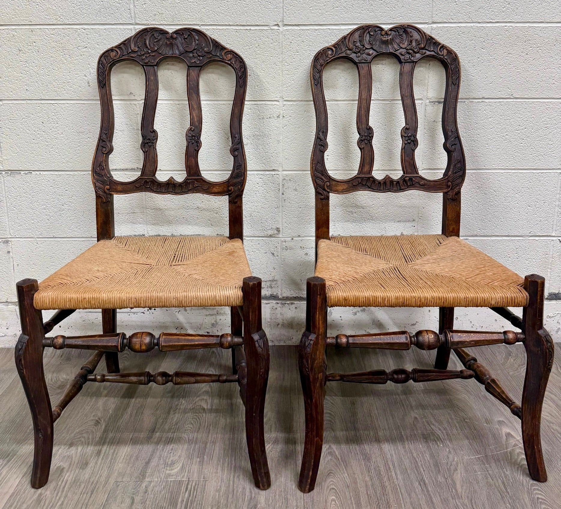 Antique French Provincial Ladder Back Rush Seat Side Chairs
