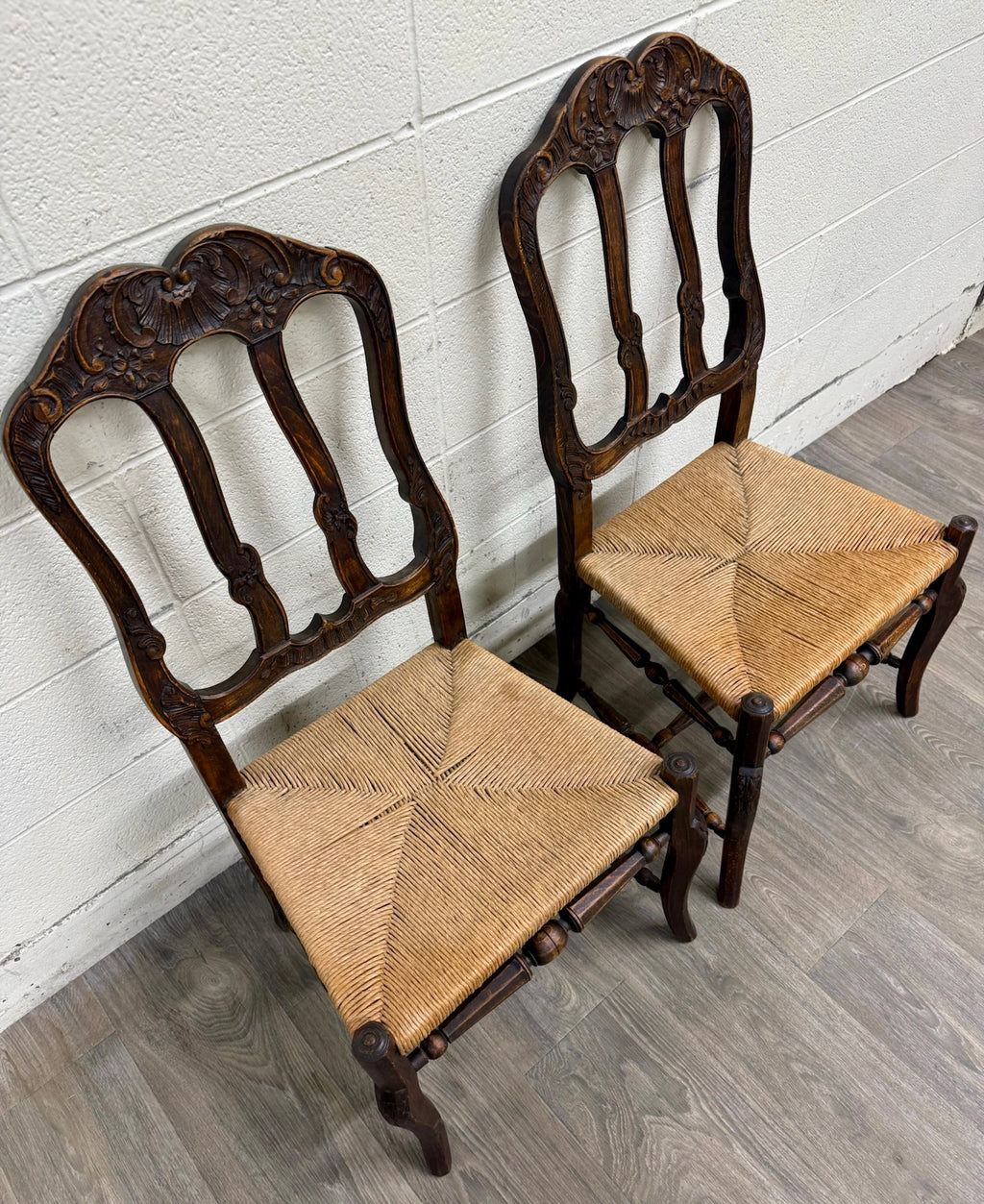 Antique French Provincial Ladder Back Rush Seat Side Chairs