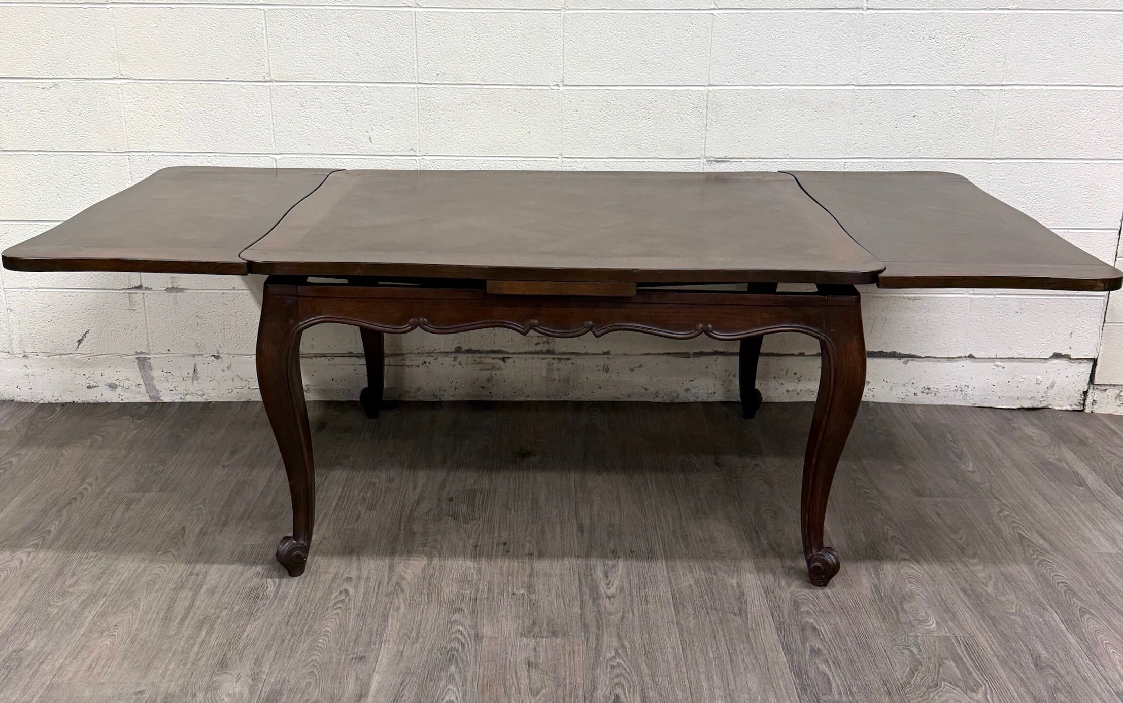 Vintage French Provincial Louis XV Style Parquetry Top Draw Leaf Dining Table