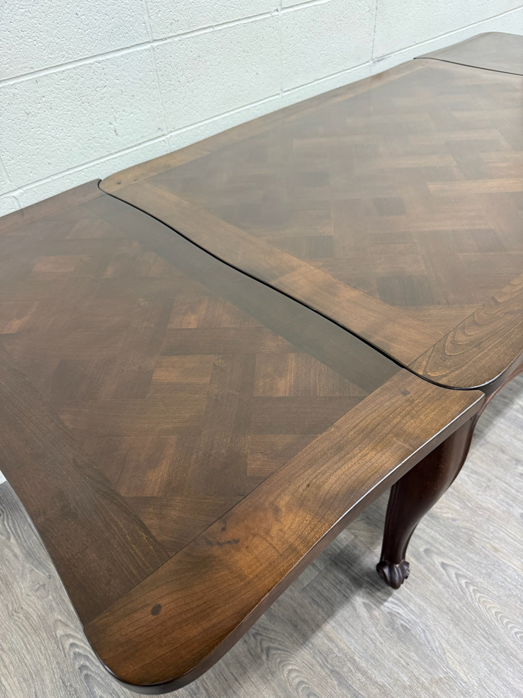 Vintage French Provincial Louis XV Style Parquetry Top Draw Leaf Dining Table