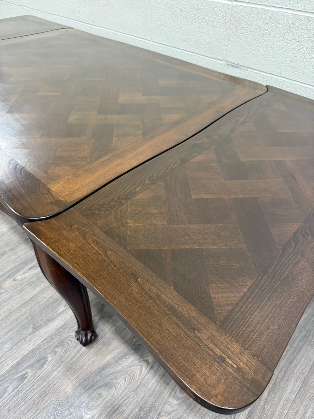 Vintage French Provincial Louis XV Style Parquetry Top Draw Leaf Dining Table