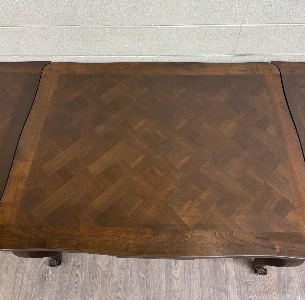 Vintage French Provincial Louis XV Style Parquetry Top Draw Leaf Dining Table