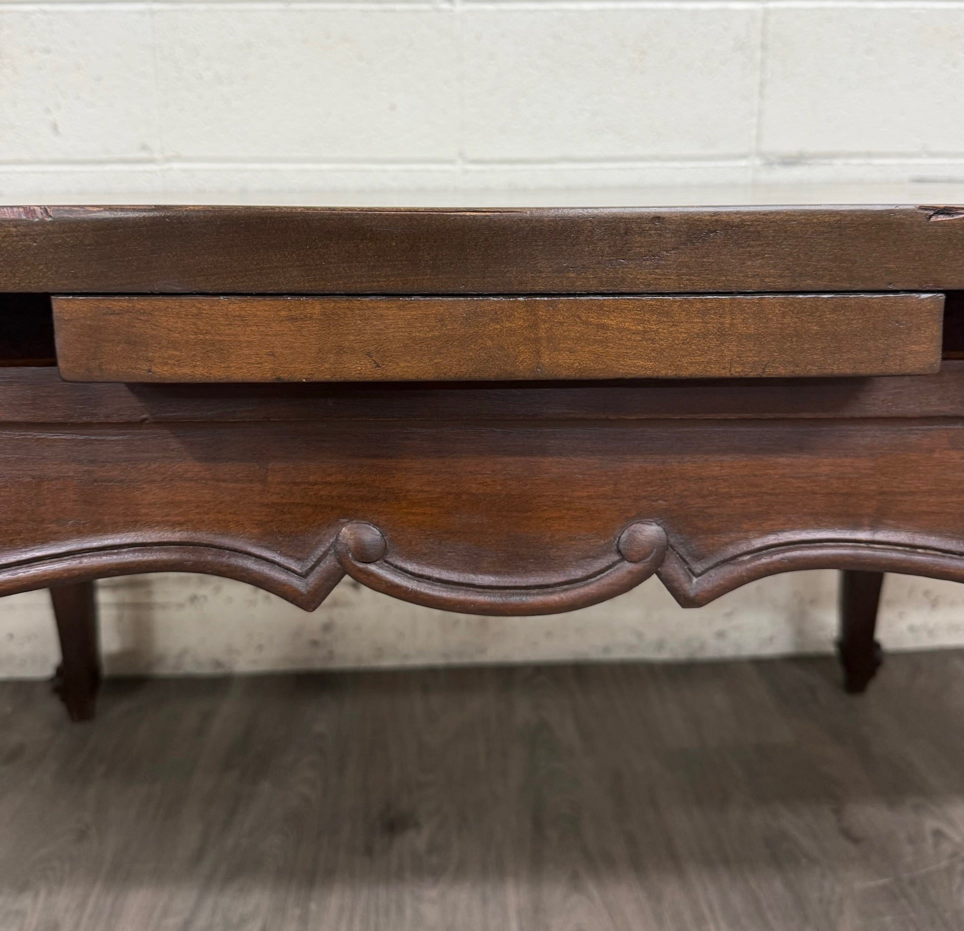 Vintage French Provincial Louis XV Style Parquetry Top Draw Leaf Dining Table